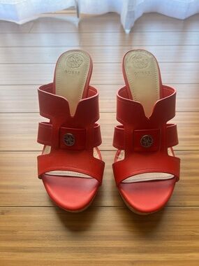 GUESS Red Open-Toe Slide Heels with Logo Accent